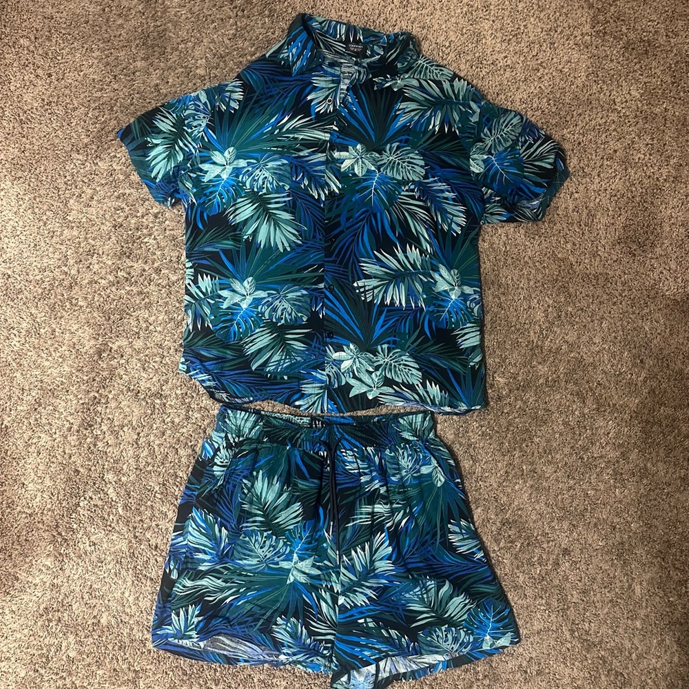 Women's Tropical Leaf matching Set - Blue and Green